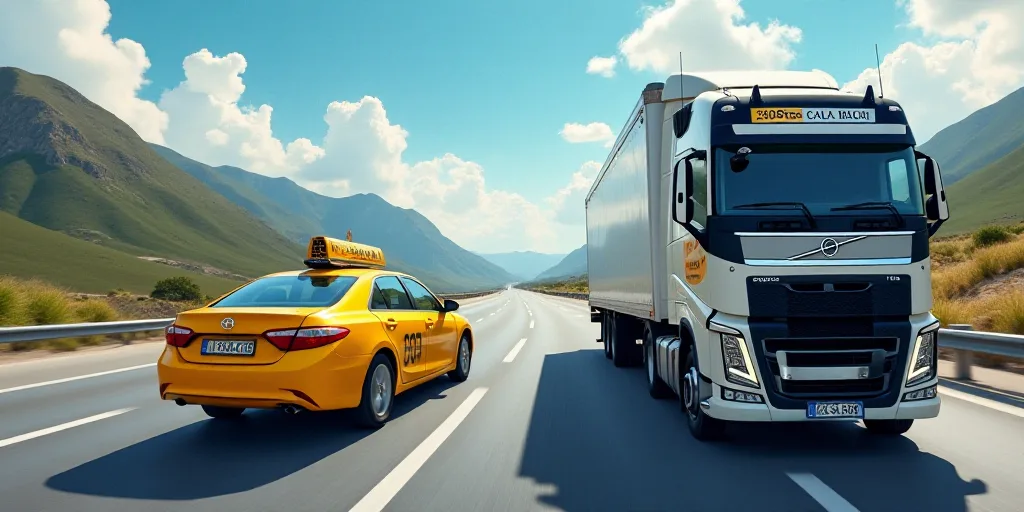 a truck driving down a highway next to a yellow taxi cab and a yellow taxi cab driving down the road