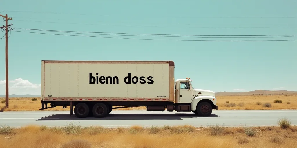 a truck driving down a road under a sign that reads bienn doss on it's side, Estuardo Maldonado, blu