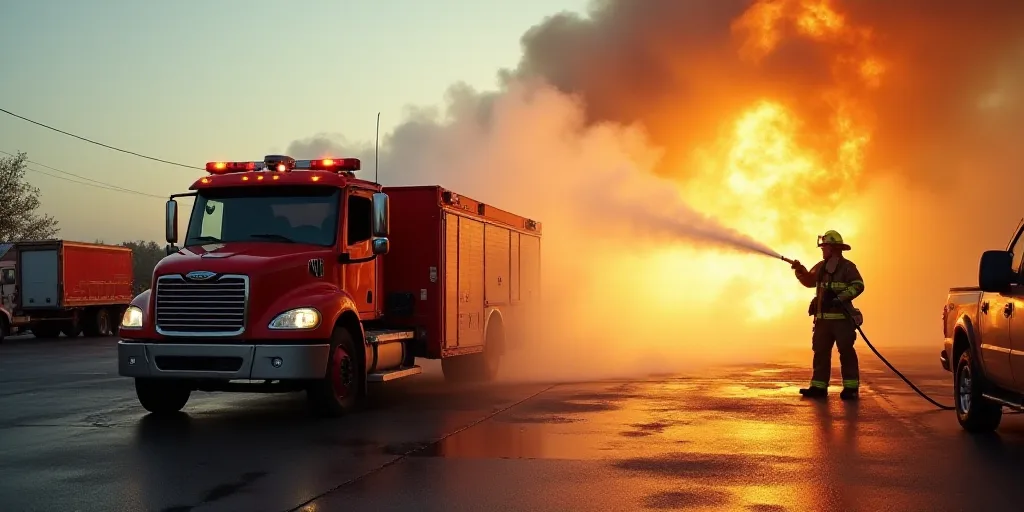 a truck is being sprayed with water by a fireman in a parking lot with other vehicles nearby and a f