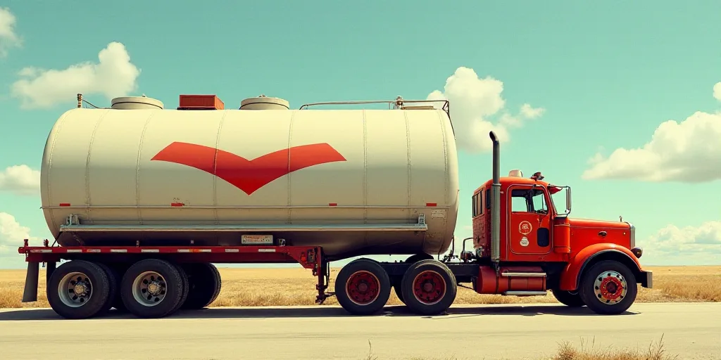 a truck parked in front of a large tank with a chevron sign on it's side and a sky background, Elbri