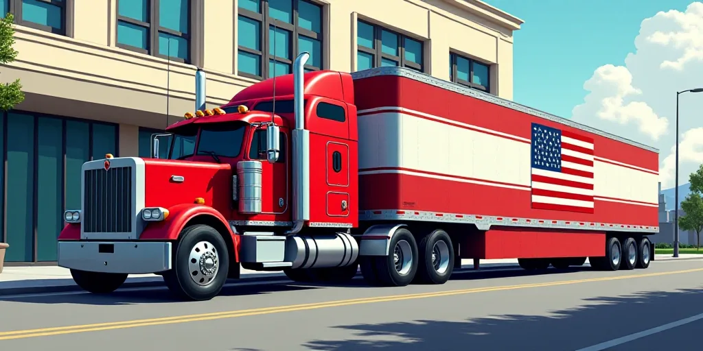 a truck with a flag and emblem on the side of it's trailer parked on a street in front of a building