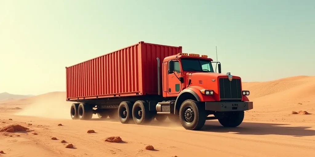 a truck with a large load of red containers on the back of it's flatbed in a desert, Bouchta El Haya