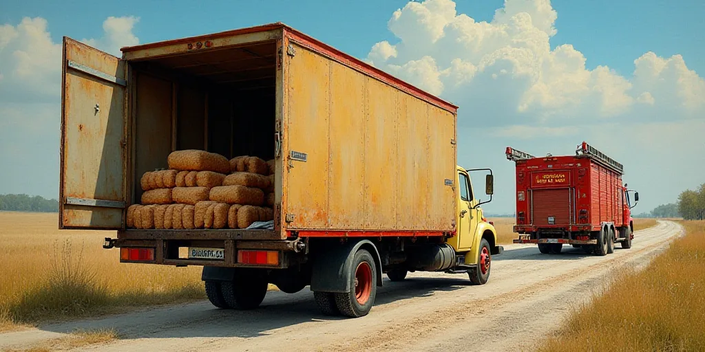 a truck with stacks of food in the back of it's door and a fire truck in the background, Enguerrand
