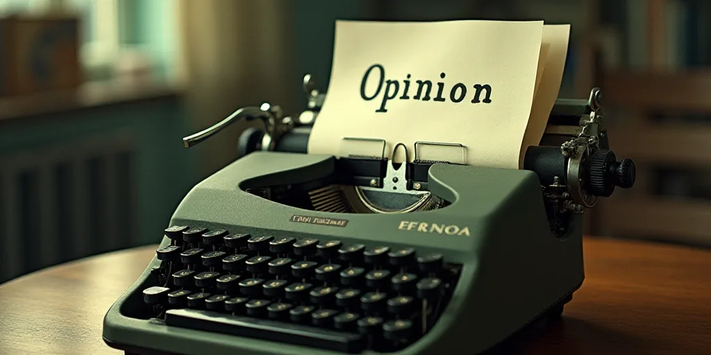 a typewriter with a lot of papers on it and a caption that says opinion on it in spanish, Edward Oth