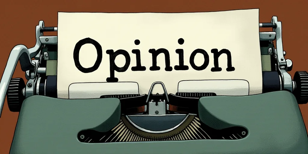 a typewriter with a lot of papers on it and the words opinion written in black and white on the top,