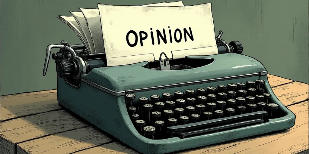 a typewriter with a lot of papers on it and the words opinion written in black and white on the top,