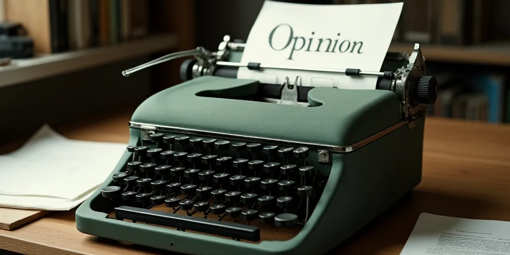a typewriter with a lot of papers on it and a caption that says opinion on it in spanish, Edward Oth