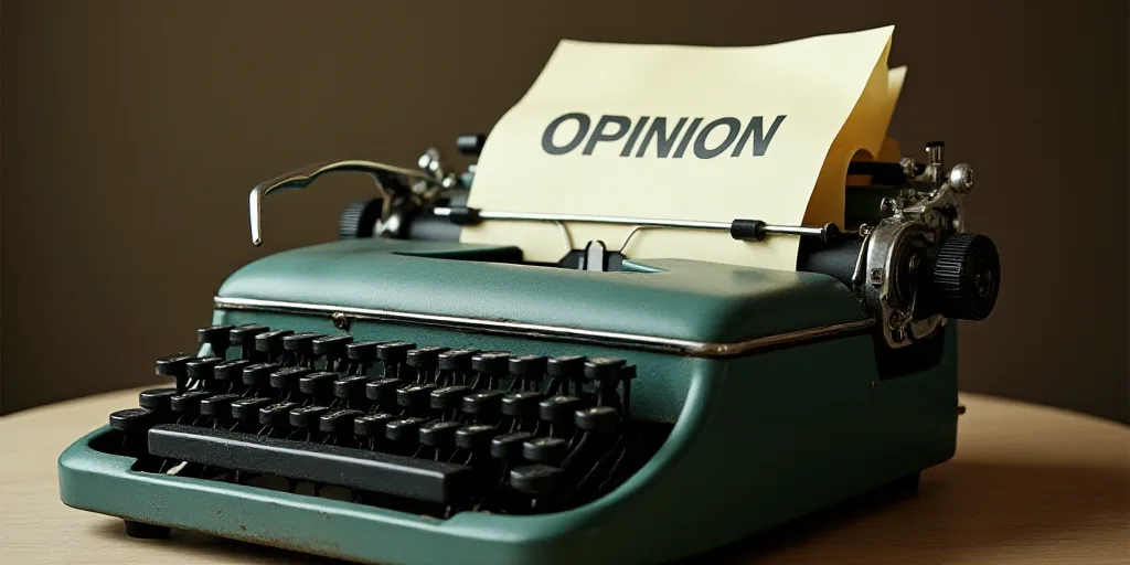 a typewriter with a lot of papers on it and a caption that says opinion on it in spanish, Edward Oth