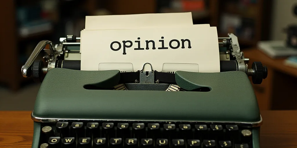 a typewriter with a lot of papers on it and a caption that says opinion on it in spanish, Edward Oth