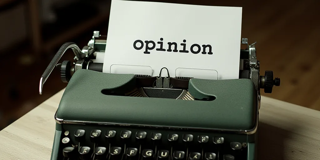 a typewriter with a lot of papers on it and a caption that says opinion on it in spanish, Edward Oth