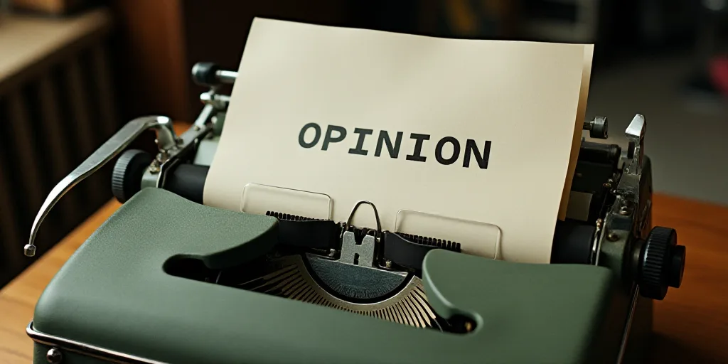 a typewriter with a lot of papers on it and a caption that says opinion on it in spanish, Edward Oth