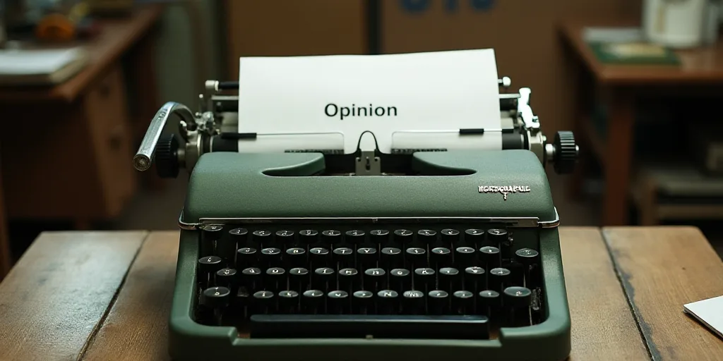 a typewriter with a lot of papers on it and a caption that says opinion on it in spanish, Edward Oth