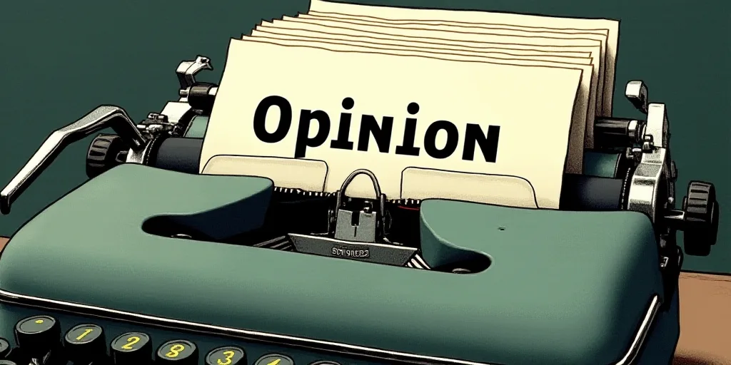 a typewriter with a lot of papers on it and the words opinion written in black and white on the top,