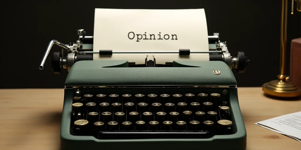 a typewriter with a lot of papers on it and a caption that says opinion on it in spanish, Edward Oth
