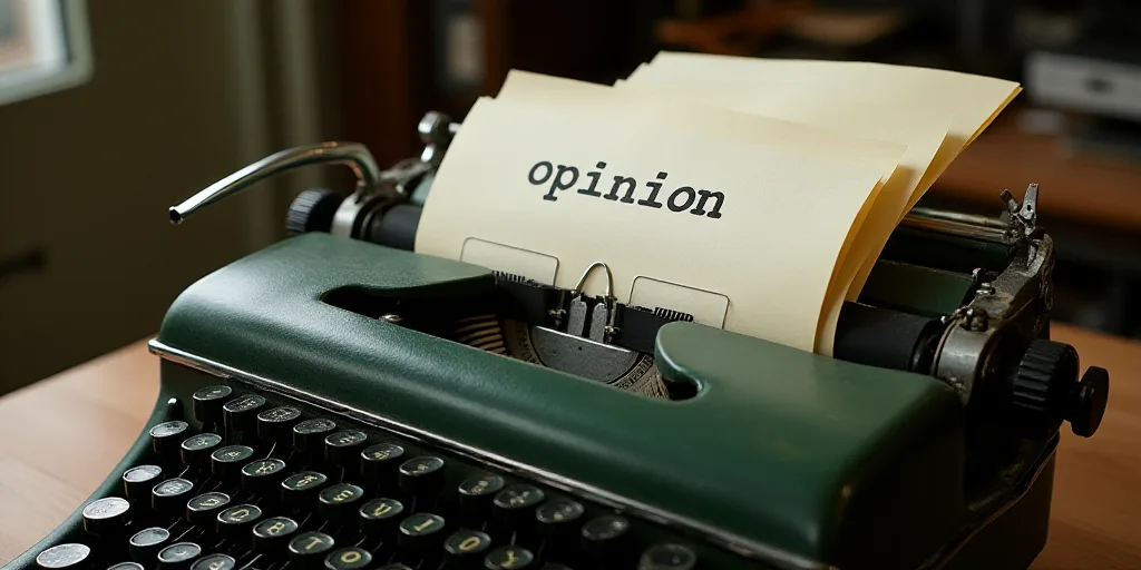 a typewriter with a lot of papers on it and a caption that says opinion on it in spanish, Edward Oth