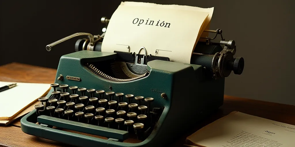 a typewriter with a lot of papers on it and a caption that says opinion on it in spanish, Edward Oth