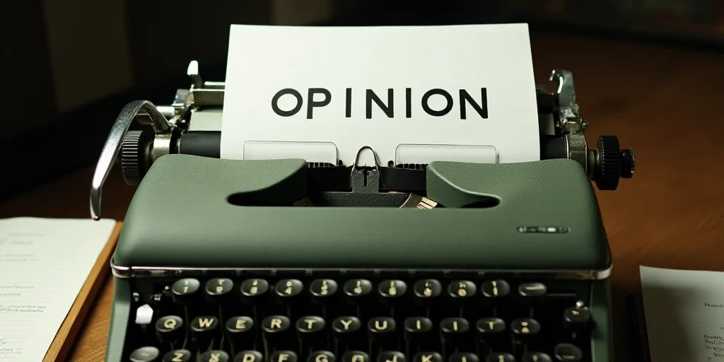 a typewriter with a lot of papers on it and a caption that says opinion on it in spanish, Edward Oth