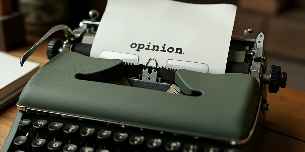 a typewriter with a lot of papers on it and a caption that says opinion on it in spanish, Edward Oth