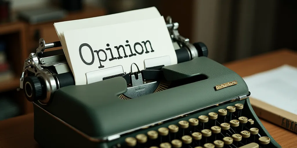 a typewriter with a lot of papers on it and a caption that says opinion on it in spanish, Edward Oth