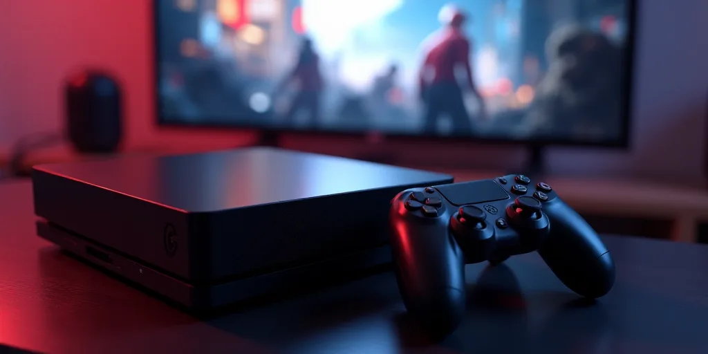 a video game system with two controllers and a tv in the background with a video game on the wall, A