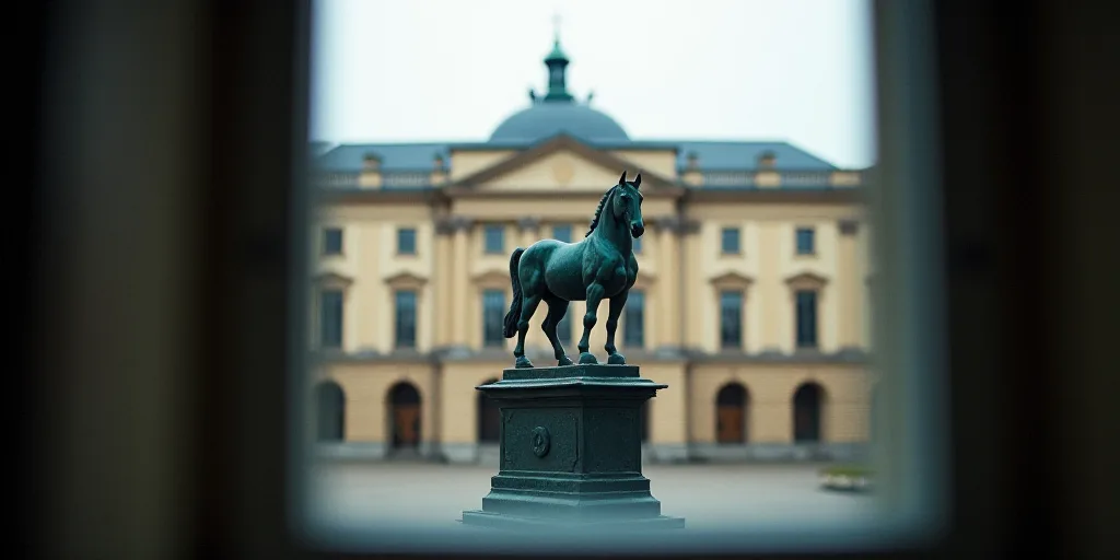 a view of a building through a window with a view of the outside of it and a statue of a horse on to