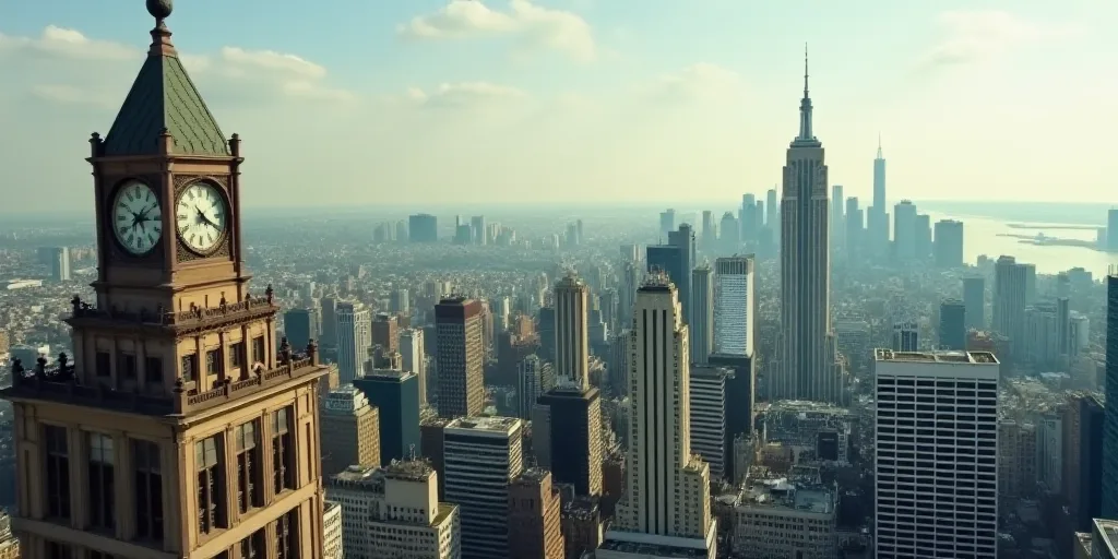 a view of a city from a high rise building with a clock tower on top of it and a sign that says tec,