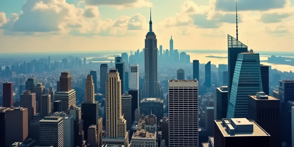 a view of a city from the top of a skyscraper building in new york city, ny, usa, Dennis Ashbaugh, c