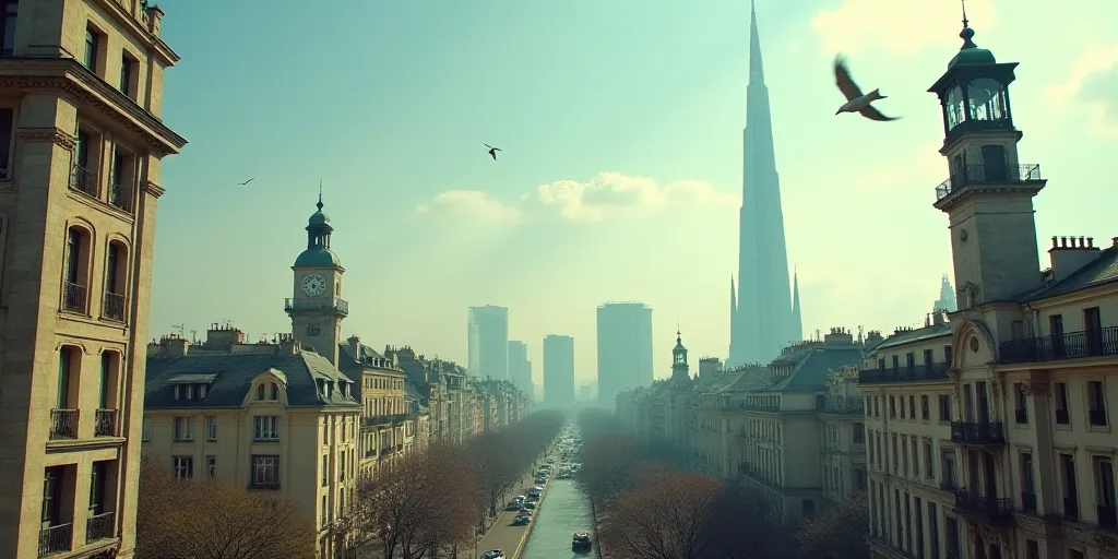 a view of a city with tall buildings and a clock tower in the foreground, and a bird flying overhead