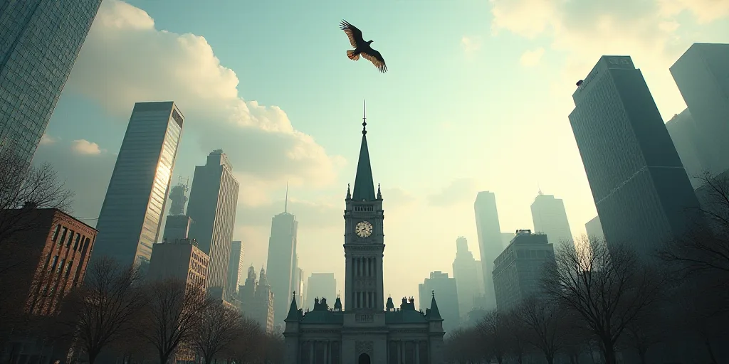 a view of a city with tall buildings and a clock tower in the foreground, and a bird flying overhead