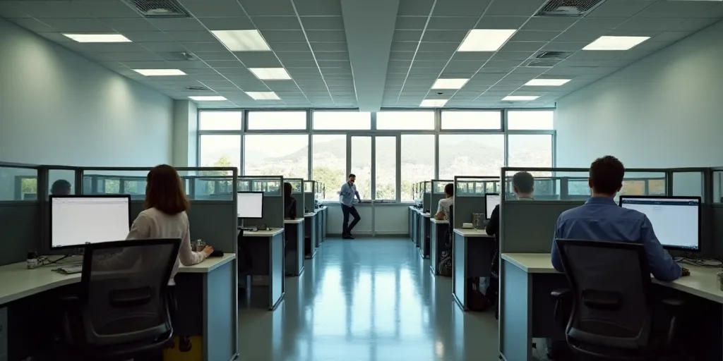 a view of a cubicle with people working at desks and a sign that says fibra educa, Eduardo Lefebvre