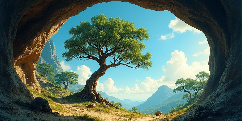 a view of a tree from the ground looking up at the sky and trees in the distance with a blue sky, Cu