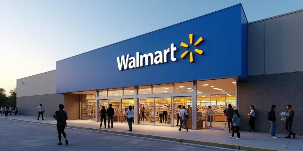 a walmart store with people walking around it and a sign that says walmart on the wall above the ent