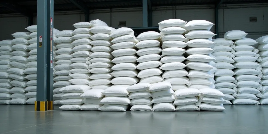 a warehouse filled with lots of bags of white stuff next to a metal pole and a pile of bags of white