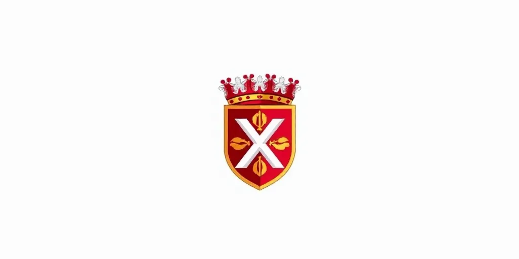 a white background with a red and yellow emblem and a red and white coat with a red and white crest,