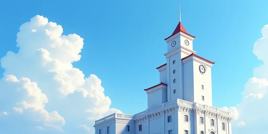 a white building with a clock tower on top of it's side and a blue sky with clouds, disney, blue sky