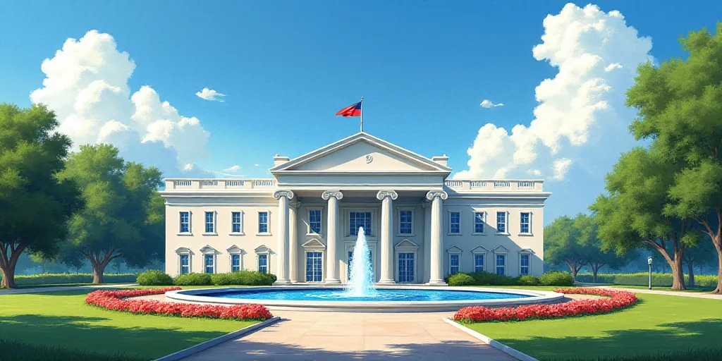 a white building with a fountain in front of it and a red flower bed in front of it and a blue sky w