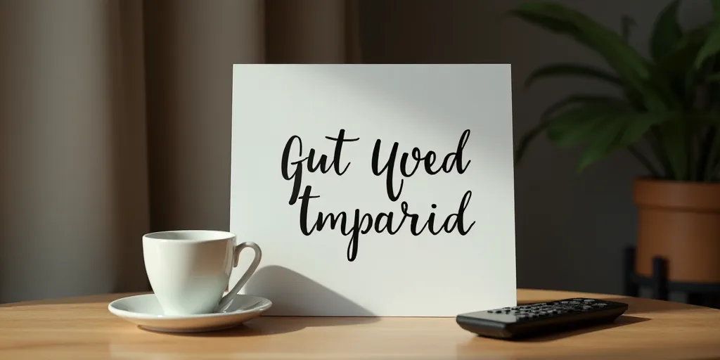 a white sign with black writing on it sitting on a table next to a cup of coffee and a remote contro