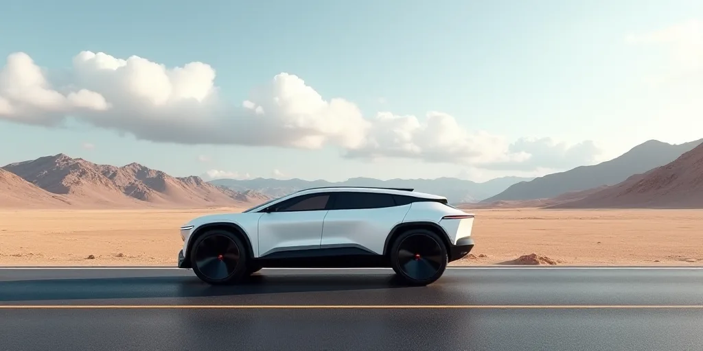 a white suv is parked on a paved road in the desert with mountains in the background and clouds in t