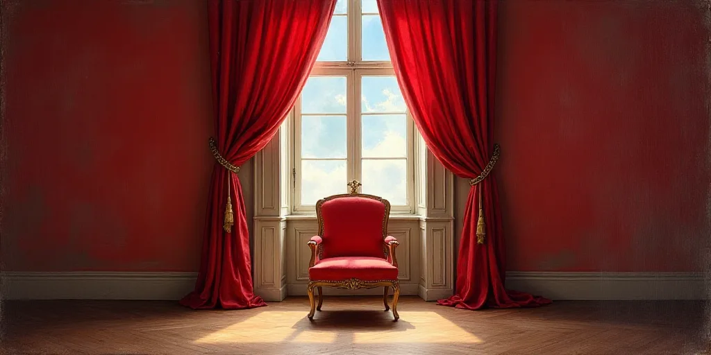 a window with a red curtain and a red chair in front of it and a red chair in front of it, Christo,