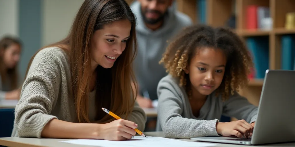 a woman and a girl are sitting at a table with a laptop and a pencil in their hands and a man behind
