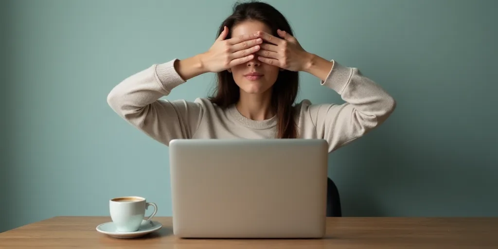 a woman covering her eyes while sitting at a desk with a laptop computer and a cup of coffee in fron