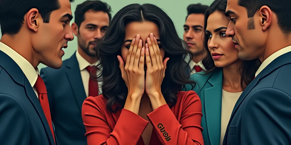 a woman covering her face with her hands while others are around her and a man is holding his head,
