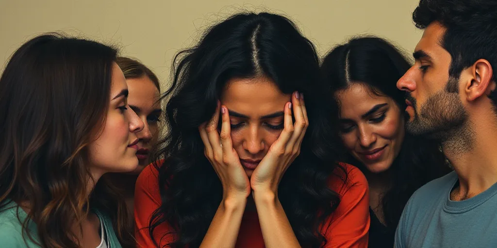 a woman covering her face with her hands while others are around her and a man is holding his head,