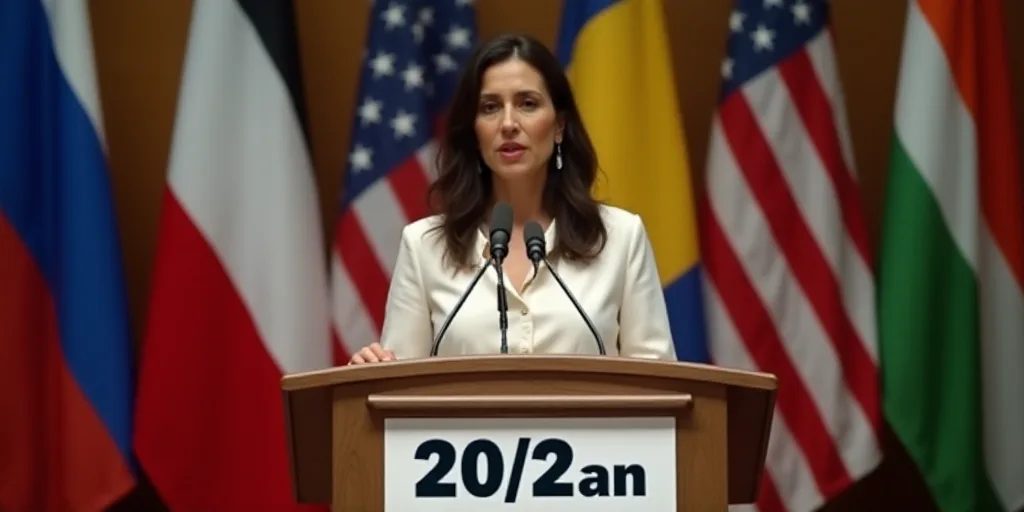 a woman giving a speech at a podium with flags behind her and a sign that says 20 / 2 am, la muert d