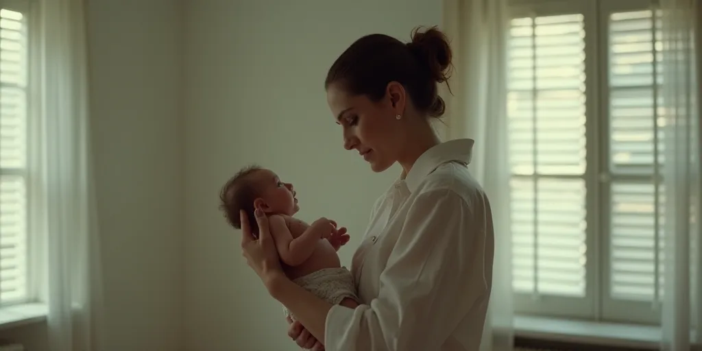 a woman holding a baby in her arms in a room with white walls and a window with shutters, Camille Bo