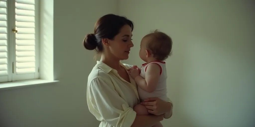 a woman holding a baby in her arms in a room with white walls and a window with shutters, Camille Bo