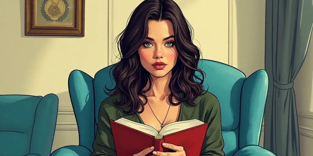 a woman holding a book in her hands in a room with a blue chair and a blue chair behind her, Carla W