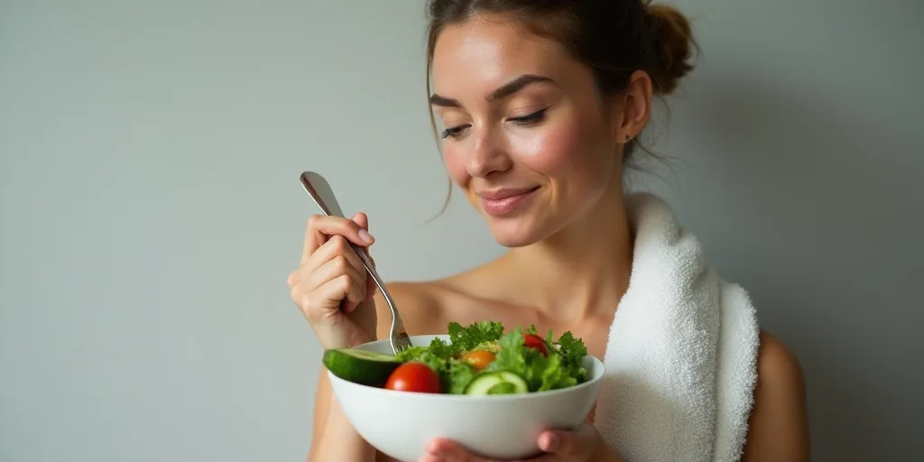a woman holding a bowl of salad with a fork in it and a towel over her shoulder, with a cucumber and