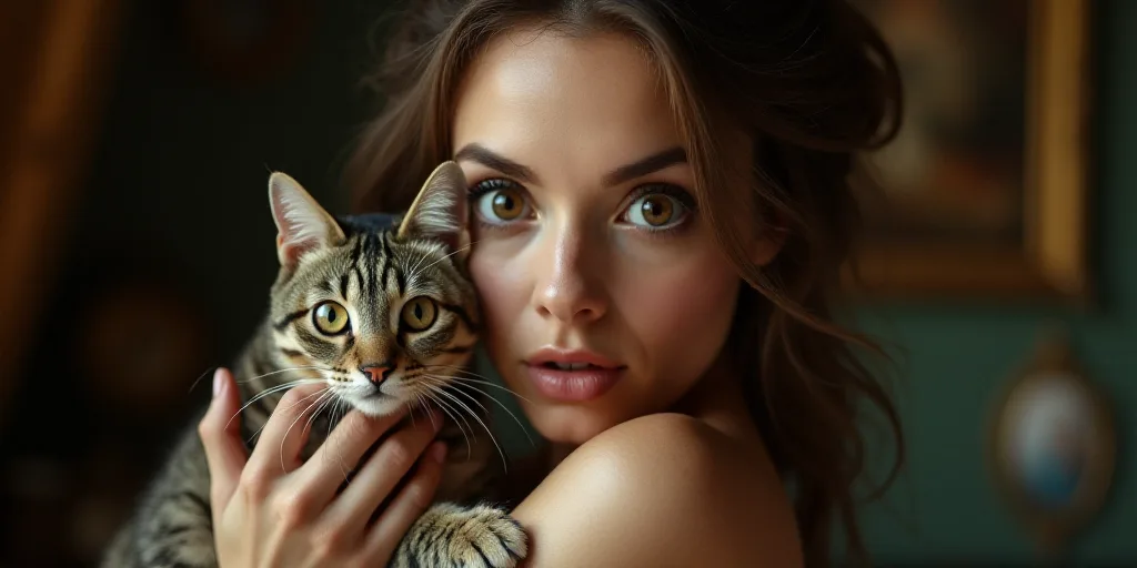 a woman holding a cat in her arms while she is looking at the camera with a surprised look on her fa