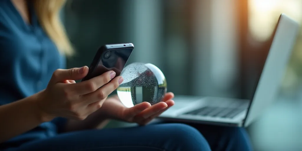 a woman holding a cell phone and a laptop computer in her hands with a glass ball in her hand, Denni